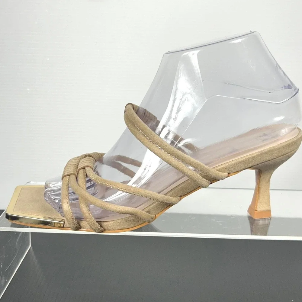 Torgeis New York Size 7.5 Suede Tan Sandals Strappy Heel Mule NEW MEDINILLA $100